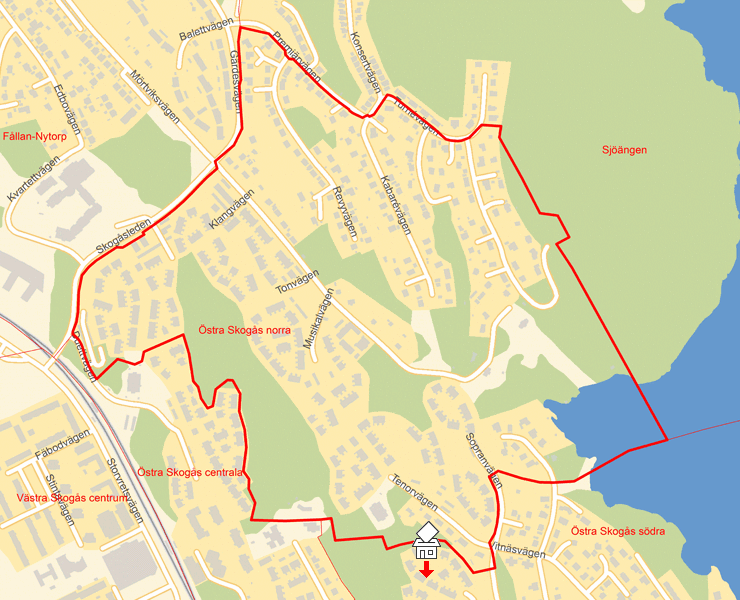 Karta över Östra Skogås norra