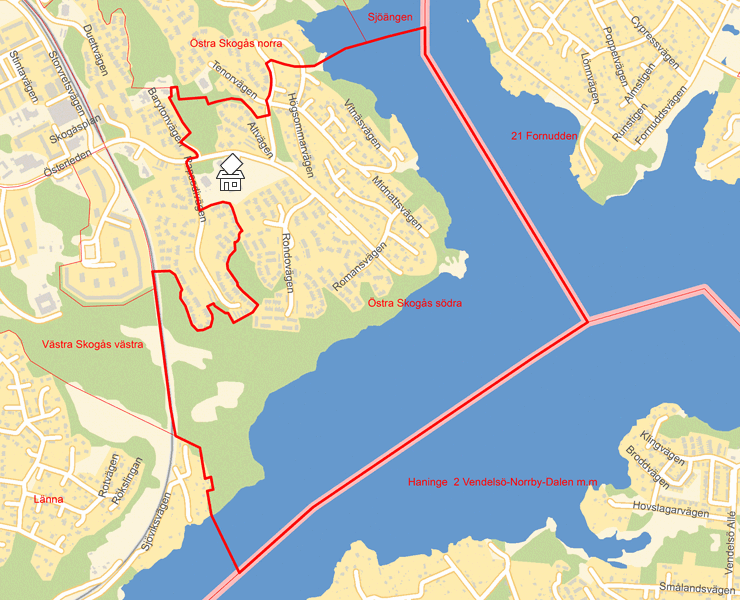 Karta över Östra Skogås södra
