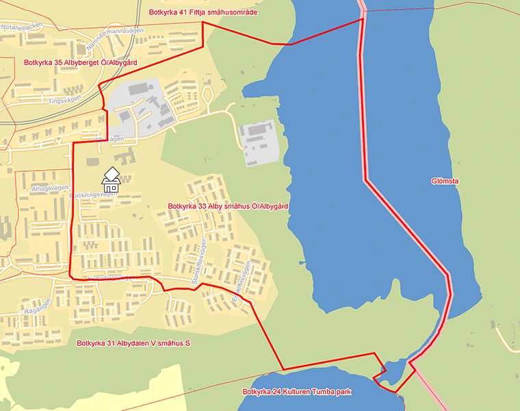 Karta över Botkyrka 33 Alby småhus Ö/Albygård