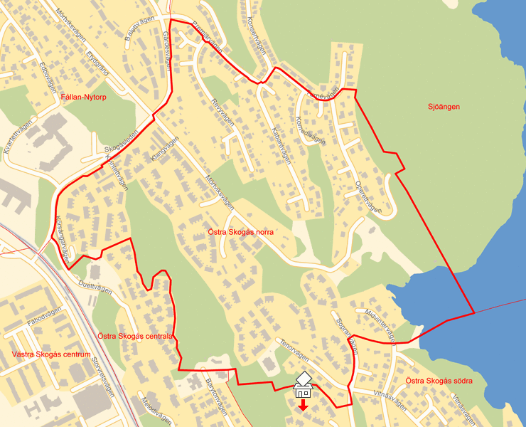 Karta över Östra Skogås norra