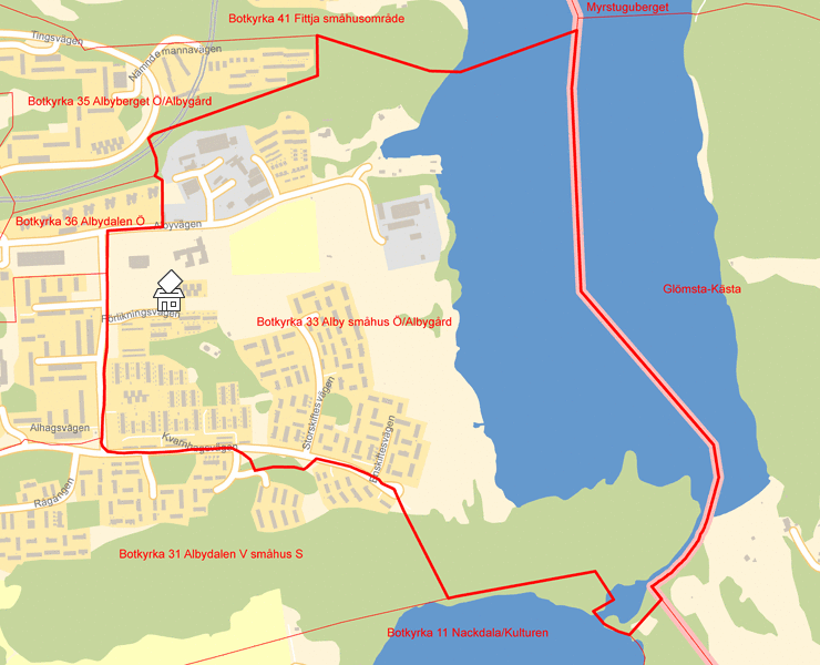 Karta över Botkyrka 33 Alby småhus Ö/Albygård