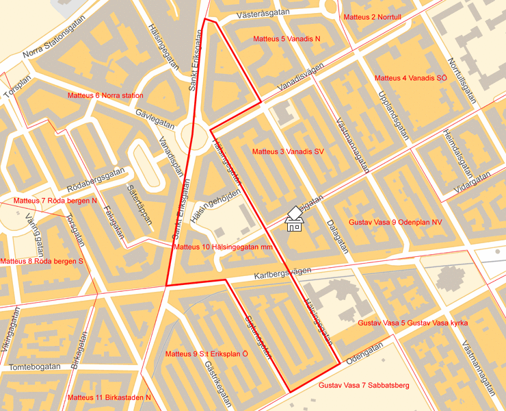 Karta över Matteus 10 Hälsingegatan mm