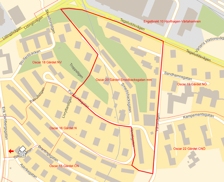 Karta över Oscar 20 Gärdet Smedbacksgatan mm