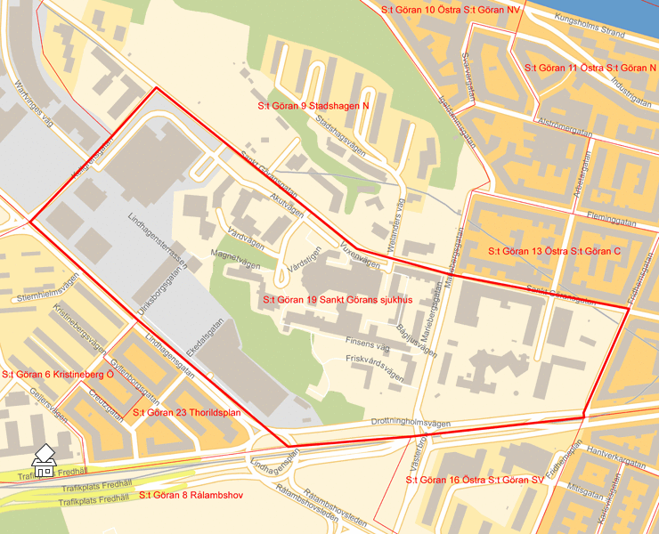 Karta över S:t Göran 19 Sankt Görans sjukhus