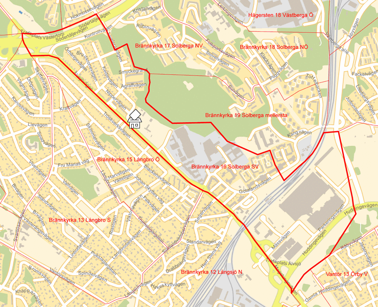 Karta över Brännkyrka 16 Solberga SV