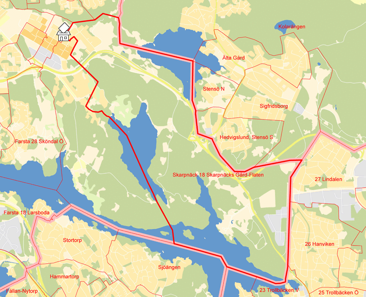 Karta över Skarpnäck 18 Skarpnäcks Gård-Flaten