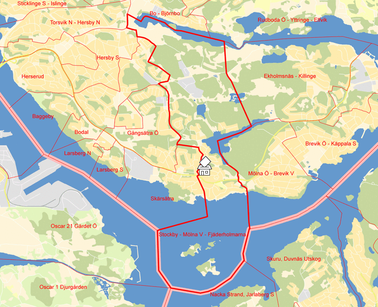 Karta över Stockby - Mölna V - Fjäderholmarna