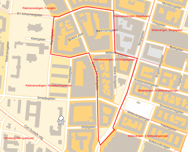 Karta över Rådmansvången, S Förstadsgatan
