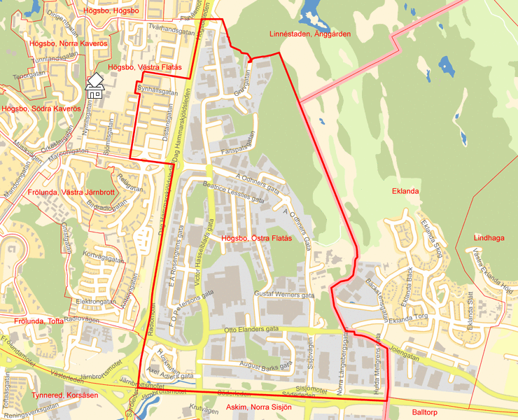 Karta över Högsbo, Östra Flatås