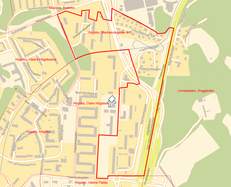 Karta över Högsbo, Marklandsgatan m fl