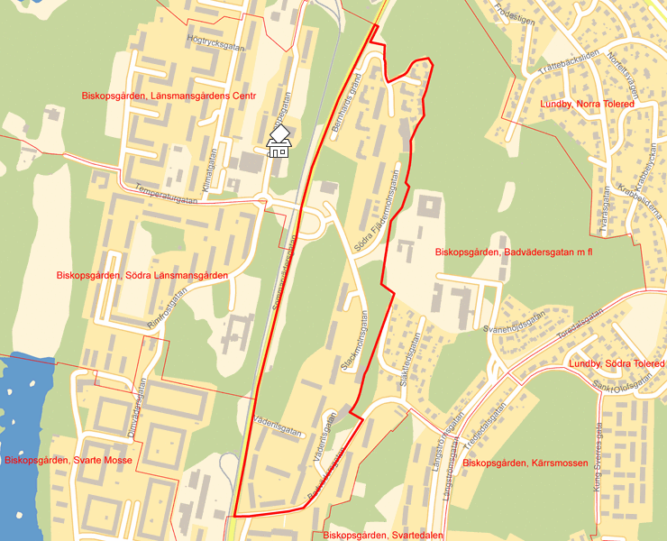 Karta över Biskopsgården, Stackmolnsgatan m fl