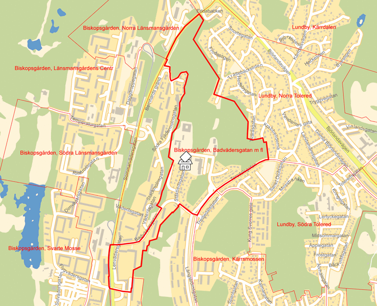 Karta över Biskopsgården, Badvädersgatan m fl