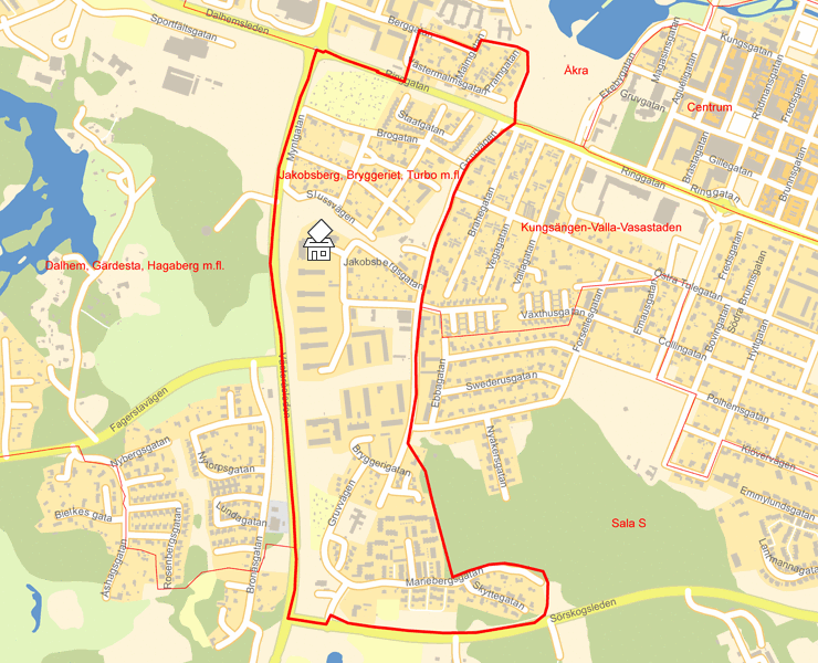 Karta över Jakobsberg, Bryggeriet, Turbo m.fl