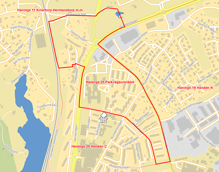 Karta över Haninge 25 Parkvägsområdet