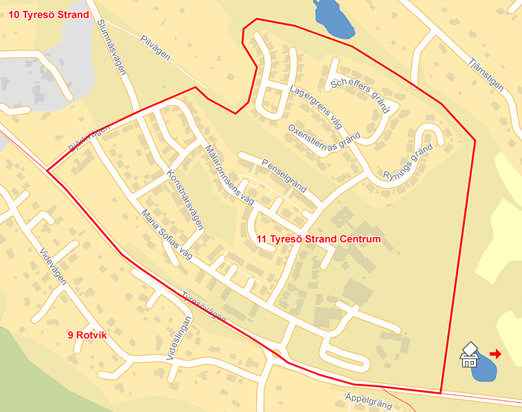 Karta över 11 Tyresö Strand Centrum