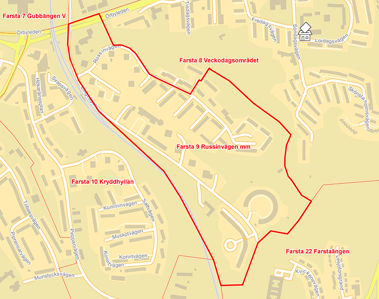 Karta över Farsta 9 Russinvägen mm
