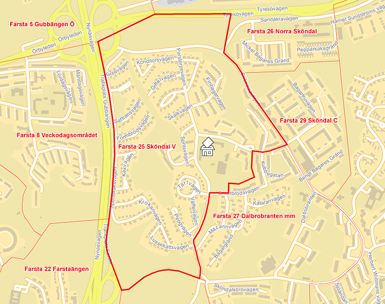 Karta över Farsta 25 Sköndal V