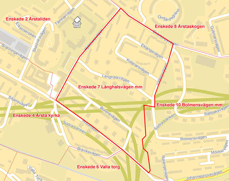 Karta över Enskede 7 Långhalsvägen mm