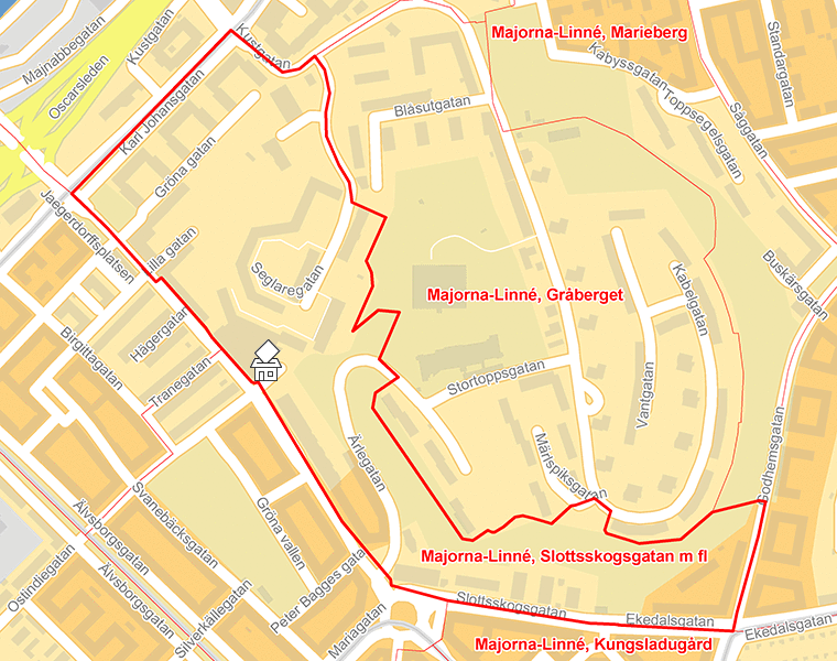 Karta över Majorna-Linné, Slottsskogsgatan m fl